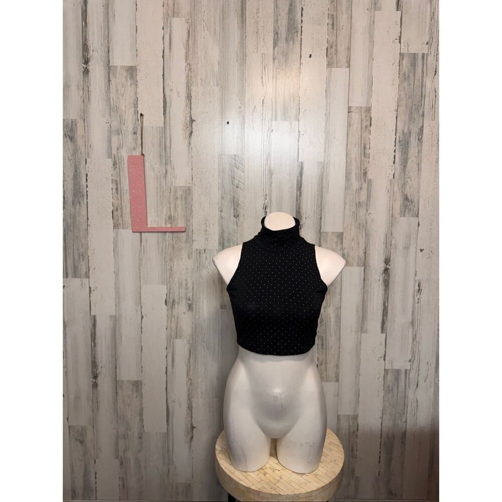 Goodtime USA Black Gold Polka Dot Turtleneck Crop Top Womens Large Sleeveless